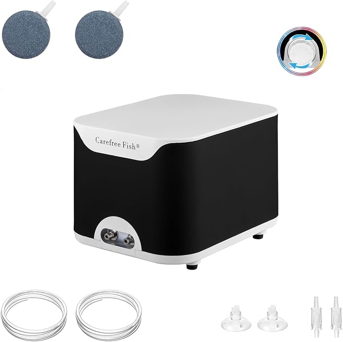Carefree Fish 5/10W Aquarium Air Pump Dual Outlets Super Quiet Oxygen Pump with 6Ft Silicone Anti-Shedding Tubing and 2 Bubble Stones