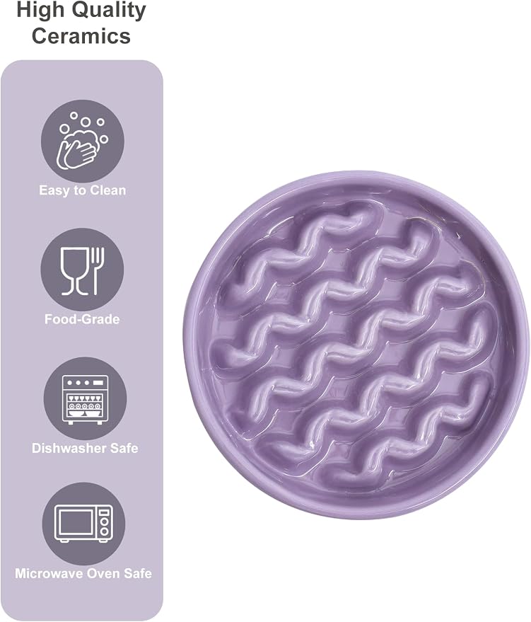 Ceramic Slow Feeder Dog Bowl, Maze Puzzle Non-Slip Silicone Base Stoneware Bowl for Small Medium Dogs, Heavy Duty Anti-Bloat Dog Food Bowl Dishwasher Safe – Purple, Medium