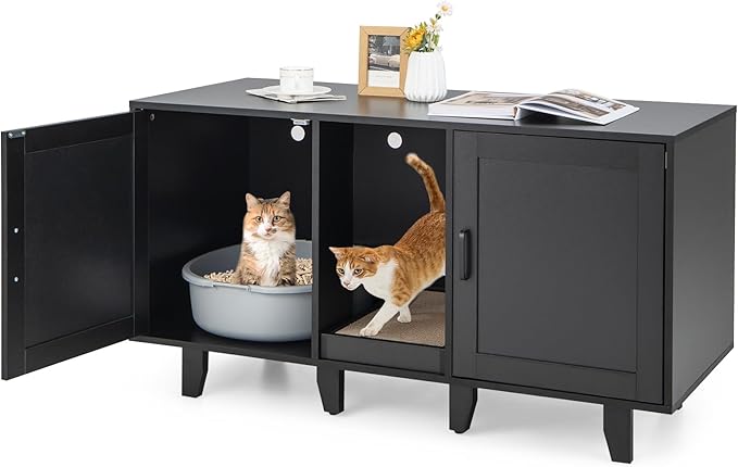 Tangkula Patented Double Cat Litter Box Enclosure for 2 Cats, Large Hidden Privacy Cat Washroom Cabinet with Scratching Board, Indoor Cat House TV Stand Side Table, Litter Box Furniture (Black)