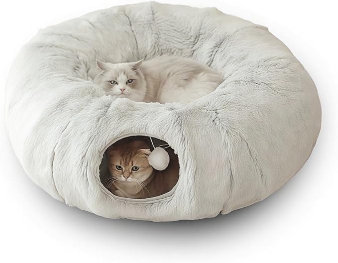 Cat Bed, cat Tunnel, Foldable Machine Washable Plush cat Bed, Grey (33.46 inches), with Hanging Toys, Suitable for Multiple