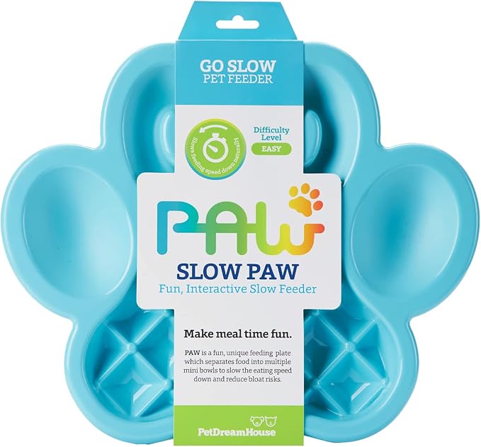PetDreamHouse PAW Feeder Interactive Bowl for Dogs, Puppies or Cats Plate Food Treats Controls Fast Eating Anti Bloating - Blue
