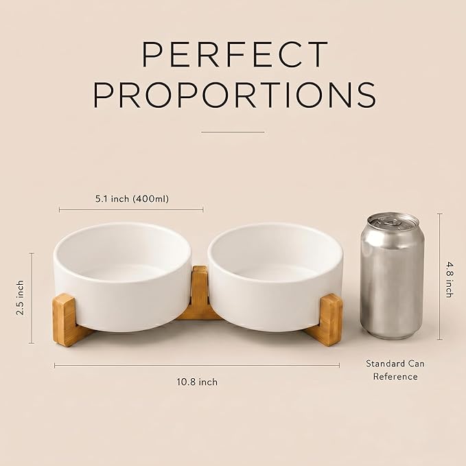 SPUNKYJUNKY Ceramic Dog and Cat Bowl with Wood Stand Non-Slip Matte Glaze Weighted Food Water Set for Cats &Small Dogs 13.5 OZ