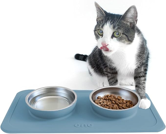 Ono Good Bowl Food & Water Double Feeder - Small to Medium Pets No Spill Non Skid Silicone Mat & Stainless Steel Bowls for Dogs or Cats (Azul)