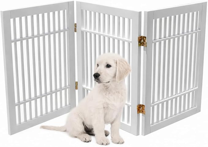 Urnporium Freestanding Wooden Dog Gate for Doorways – Foldable Acacia Wood Pet Gate, No Drill Portable Indoor/Outdoor Puppy Fence Barrier (White Pet Gate, 3 Panel 24" Tall)