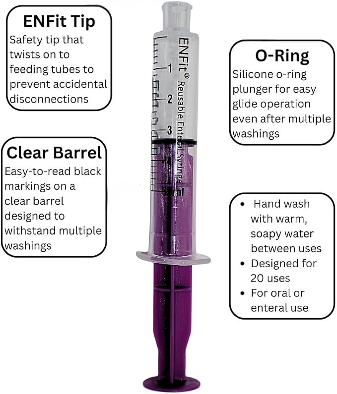 Envue ENFit 5mL Reusable O-Ring bFed Syringe for Tube Feeding, 25-Pack, Purple Plunger