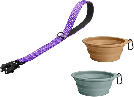 PetBonus Heavy Duty 18 Inch Short Dog Leash and 2-Pack Large Silicone Collapsible Dog Bowls