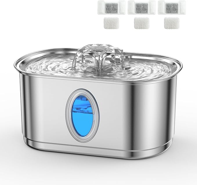 Cat Water Fountain Stainless Steel 108oz/3.2L, Automatic Pet Water Fountain with 3 Filters, Ultra Quiet Water Dispenser for Indoor Cats Dogs, Visible Level Window, Easy to Clean