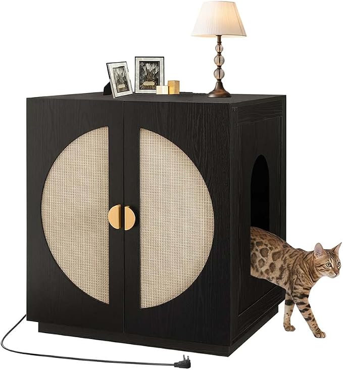 unipaws Extra Large Cat Litter Box Enclosure for Self-Cleaning & Automatic Litter Boxes, Tall Cabinet with Charging Station, Wooden Dog Proof Hidden Cat House for Top Entry Litter Box