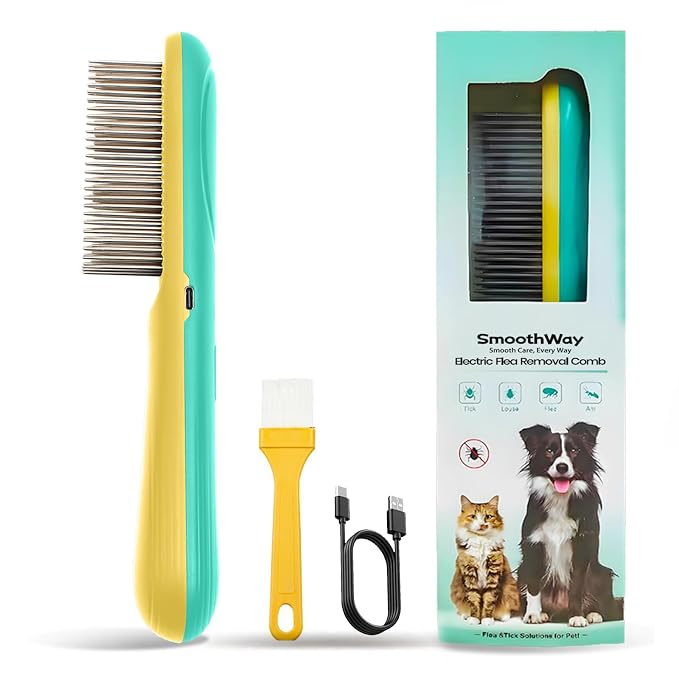 Professional 3-Row Tick & Flea Comb for Dogs & Cats - Stainless Steel Teeth with Negative Ion Anti-Static | Detangling Grooming Tool for Poodles, Shih Tzus & Long Haired Pets (One Size)