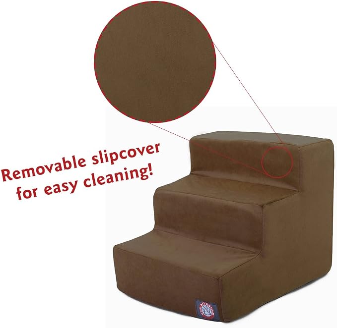 Majestic Pet 3 Step Portable Dog Stairs for Small Dogs to get on Bed Supports 250 lbs or Less – Dog Steps for High Bed with Machine Washable Cover –Pet Stairs for Cats Suede Chocolate