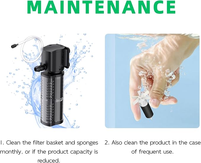 FREESEA Aquarium Fish Tank Filter: 5W 132GPH Internal Filter Pump 2-Stage Filtration for 10-35 Gallon Saltwater Betta Turtle Tanks