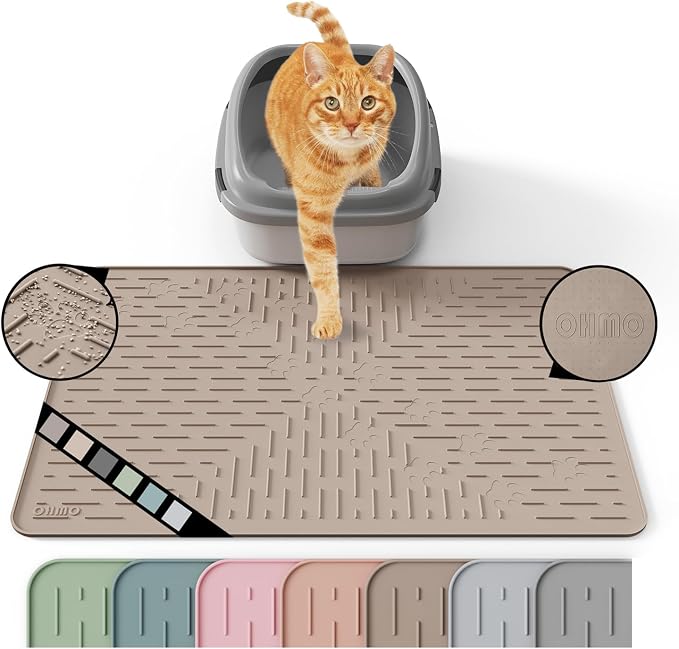 OHMO Cat Litter Mat Trapping Mat Premium Silicone Rubber 23.5x16 Beige, Waterproof and BPA Free Kitty Litter Box Mat, Easy to Clean and Keeps The Floor Tidy