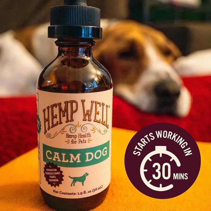 Hemp Well Calm Dog Oil, Calming Support for Dogs with Chamomile, Melatonin & Lemon Balm, Organic Hemp Seed Oil, Stress Support for Travel, Thunderstorms & Separation, 2 oz