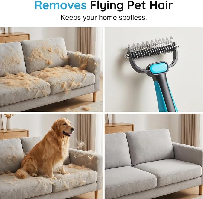 Double-Sided Pet Grooming Rake, Extra Wide Deshedding Tool for Long Hair Dogs & Cats, 2-in-1 Undercoat Rake with Stainless Steel Teeth, Pet Comb for Loose Hair (Large)