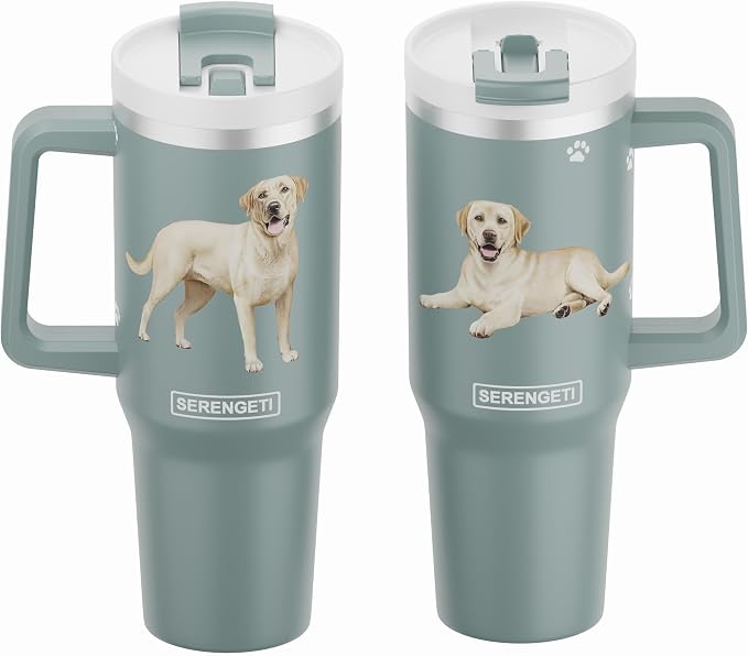 SERENGETI 40 Oz Ultimate Tumbler with Handle and Straw - Vacuum Insulated Tumbler with Straw and Lid - Stainless Steel Travel Mug for Pet Lovers - 3D Designs of your favorite Dog (Yellow Labrador)