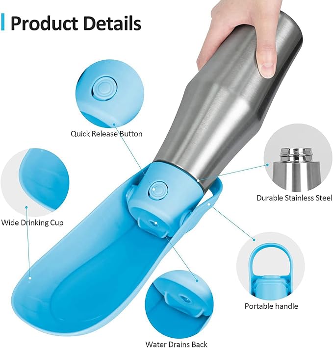 Portable Dog Water Bottle with Dispenser, 750ml Stainless Steel Travel Cup and Collapsible Water Bowl for Outdoor Activities, Walking,Hiking, Road Trips (Light Blue)