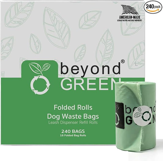 beyondGREEN Dog Waste Bags – Folded Rolls – Made in USA, Leak-Resistant, Extra-Strong - 16 Rolls - 15 Bags per Roll - 240CT