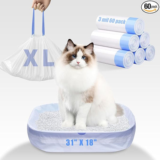60 Pack Large litter box liners - 3MIL Extra Thick Leakproof Litter Box Liners, 31"x18" Heavy Duty Drawstring Cat Litter Liners, Odor Control Disposable Kitty Litter Bags 6 Roll