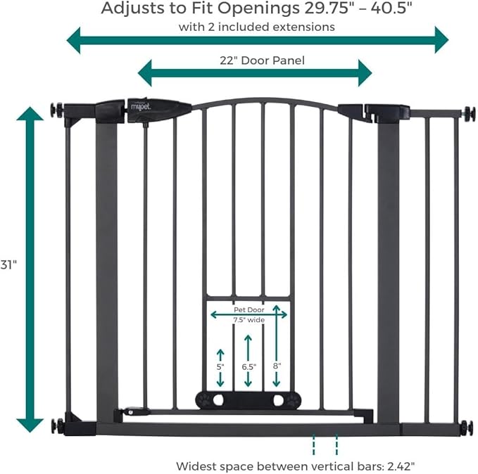 MYPET EasyPass Deco Wide Pet Gate: 29.75" - 40.5" Wide Dog Gate with Adjustable Pass-Thru Pet Door; Pressure Mounted, No Tools Needed, 31" Tall, Graphite Gray