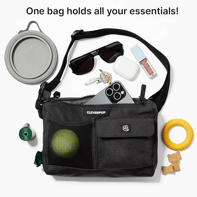 Cleverpup Dog Walk & Train Sling Bag - Hands-Free Dog Walking & Training Bag with Treat Pouch, Poop Bag Holder & Phone Pocket - Crossbody or Fanny Pack, Adjustable Strap - Graphite