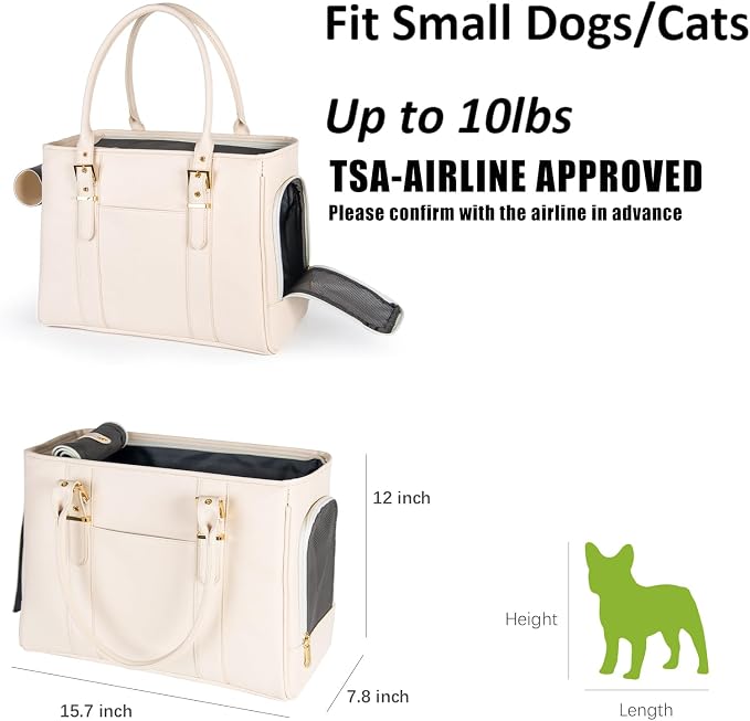 Fashion Pet Carrier Dog Purse Cat Bag Soft-Sided Carriers Travel Airline Approved, Stylish Leather Tote Handbag for Small Animal Puppy Kitten (White)