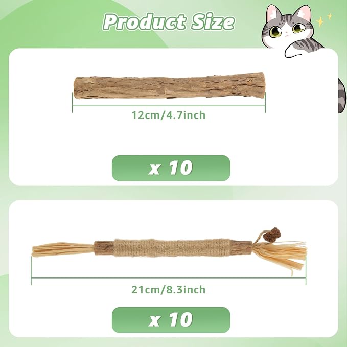 20Pcs Silvervine Sticks for Cats, Natural Cat Chew Toys, Nylatails Silvervine Dental Stick for Dental Care, Edible Matatabi Cat Chew Sticks for Teeth Cleaning, Kitty Toys for Indoor Cats