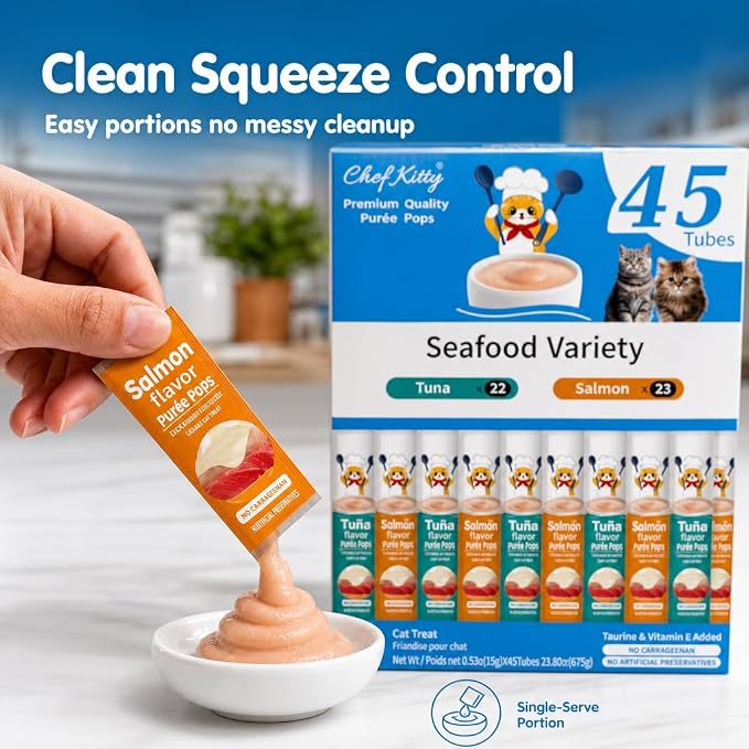 Cat Treats Lickable | Grain-Free Tuna & Salmon Cat Treats | Creamy Puree Squeeze Ups with Vitamin E & Taurine, Digestible Formula | 0.5 oz. Each Tube, Seafood Mix Variety | 45 Tubes
