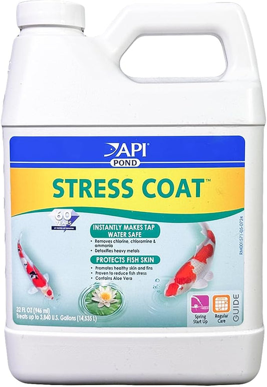 API Pond Stress Coat (32 fl oz) Pond Water Conditioner - Quickly Makes Tap Water Safe for Fish & Plants - Up to 3840 Gallons - Removes Chlorine, Ammonia & More - Natural Aloe Vera