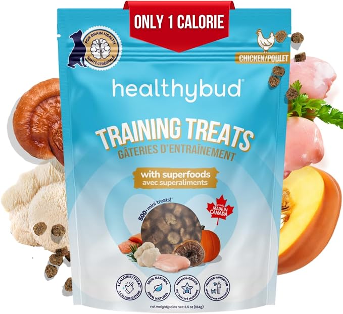healthybud Mini Dog Training Treats - Beef Liver Soft Trainer Bites, 500+ Bits, 1 kCal per Bite, 6.5oz, Reishi, Lion’s Mane, Salmon Oil, Puppy Chews (Chicken)