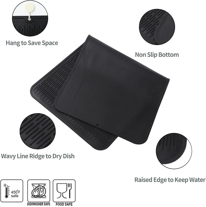 MicoYang Silicone Dish Drying Mat for Multiple Usage,Easy clean,Eco-friendly,Heat-resistant Silicone Mat for Kitchen Counter or Sink,Refrigerator or Drawer Liner Black 5XL 36inches x 18inches