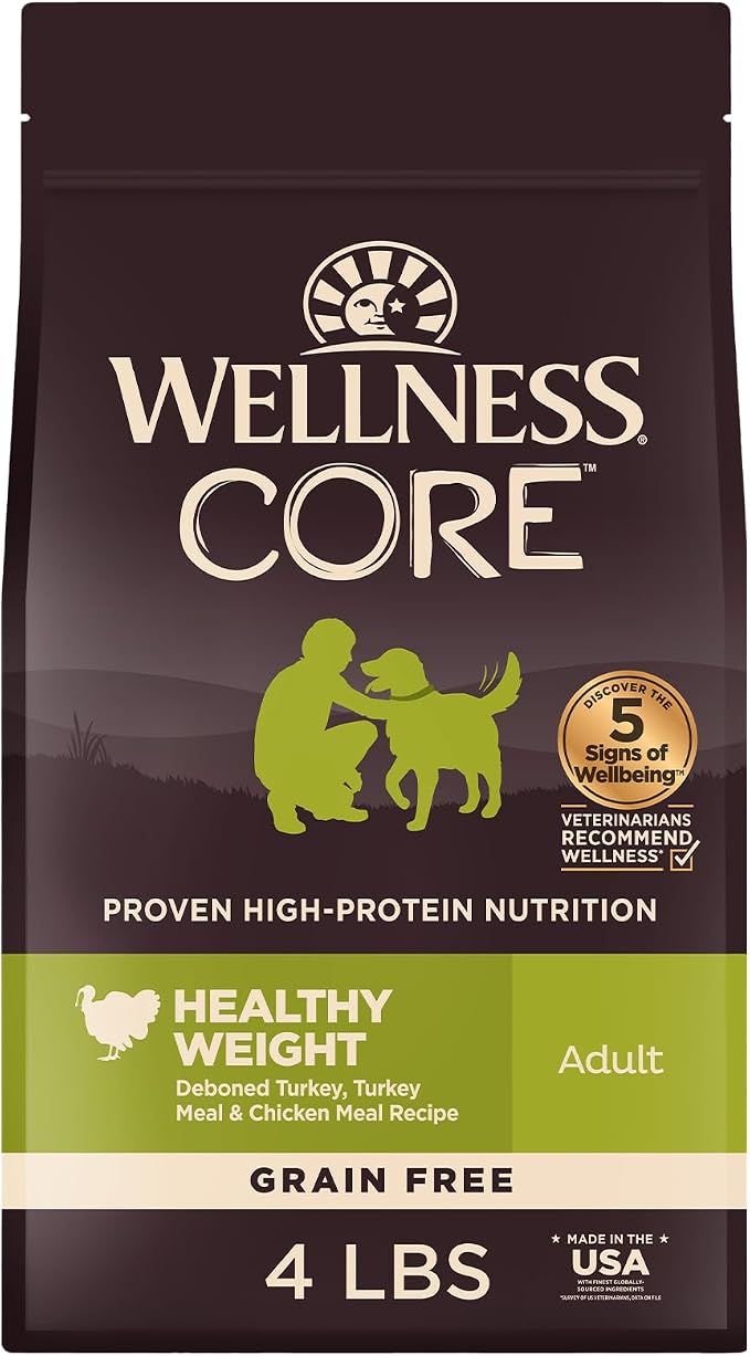 Wellness CORE Healthy Weight Adult Dry Dog Food, Grain Free Kibble, Natural, High Protein, Turkey and Chicken Recipe, 4 lb Bag