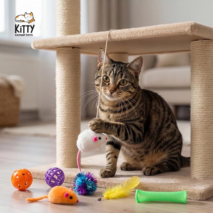 Kitty Catnip Toys- 30 Interactive Cat Toys for Indoor Cats & Kittens – Crinkle Balls, Sparkle Pom Pom Balls, Spiral Springs, Cat Mice, Teaser Wand, Kitten Toys, Cat Accessories - Variety Pack