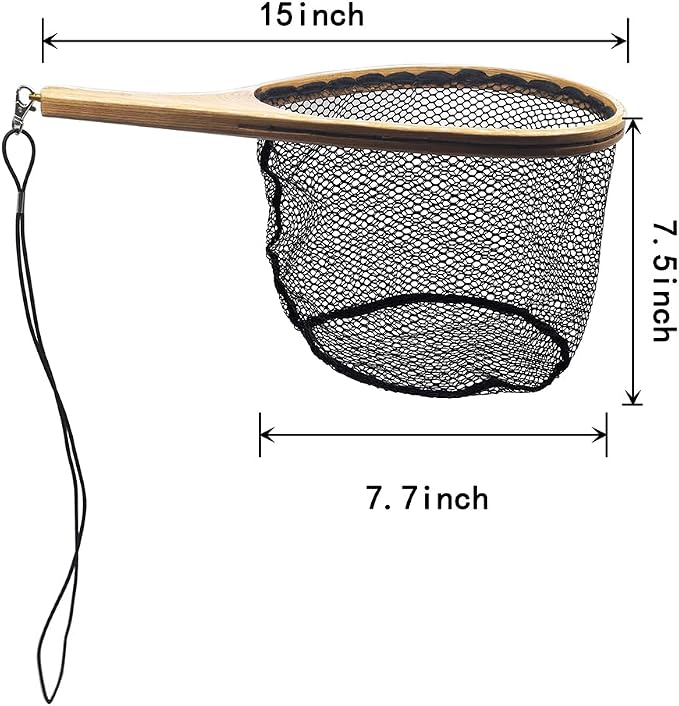 Small Wooden Frame Fly Fishing Landing Net With Soft Rubber Mesh for Trout Bass Catch and Release - Fishing Gear