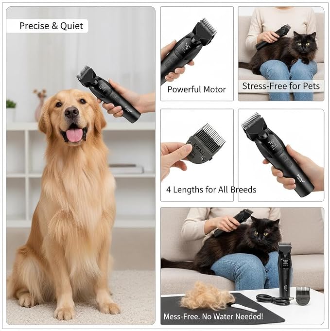 KEMEI-1857 Dog Grooming Clippers & Cat Grooming Kit, Professional Cordless Trimmer with LED Display, 4 Adjustable Guide Combs (3/6/9/12mm), USB Rechargeable, Low Noise for Home Pet Grooming