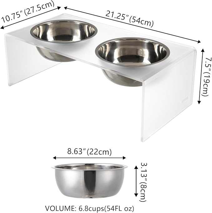 DBL2001K Keaton 7.5" Medium/Large Modern Acrylic Rectangular Elevated Pet Feeder with 54oz 2-Stainless Steel Bowls, Moon White/Chrome