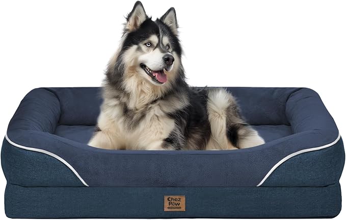 Chez Paw XXL Orthopedic Dog Bed for Extra Large Dogs, Extra Thick Egg-Crate Foam Waterproof Pet Couch with Removable Washable Cover, 4-Sided Bolster & Non-Slip Bottom, Navy 45"x35"x7.5"