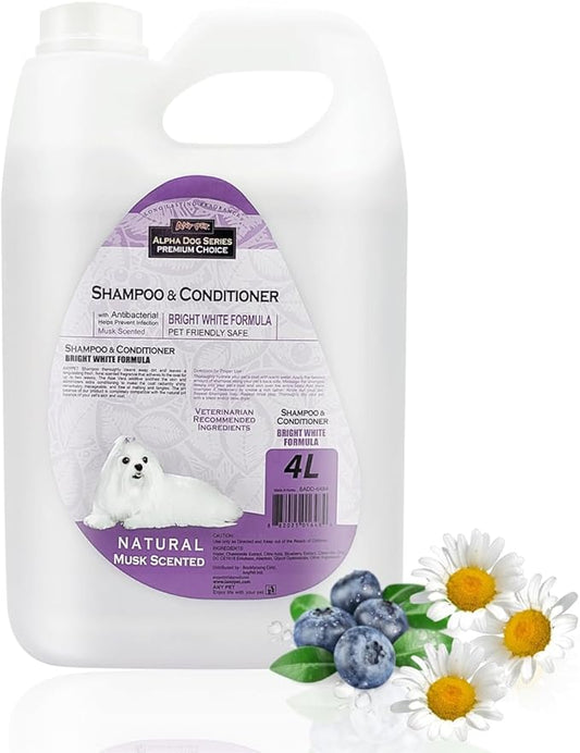 Bright White Natural Whitening Dog Shampoo and Conditioner for Dogs with Aloe Vera, pH Balanced Dog Shampoo and Conditioner Set, Tear-Free for Sensitive Skin, 4L (1Gallon)