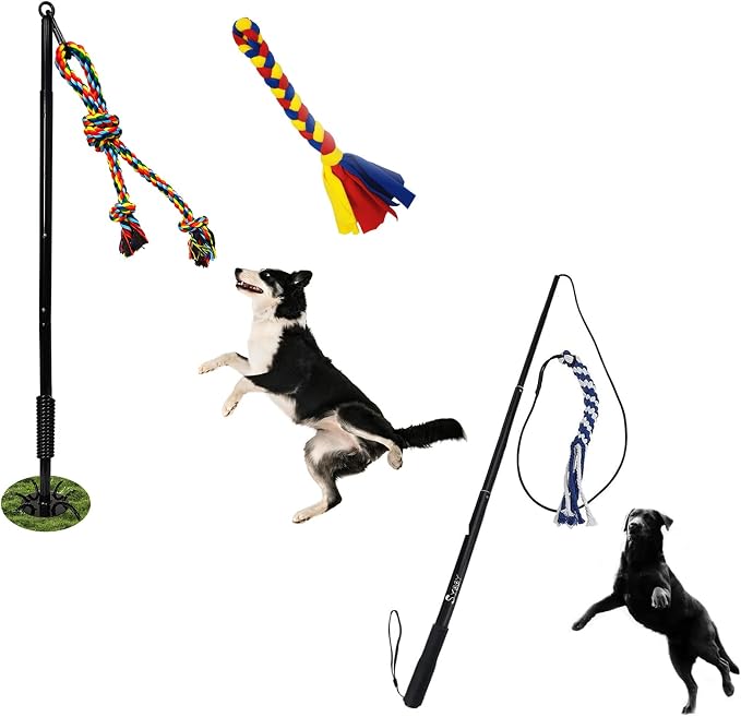 Flirt Pole for Dogs, Interactive Teaser Wand with 1 Fleece Rope Toy for Chase and Tug of War+Outdoor Interactive Dog Toys with 2 Rope Toy for Large Medium Small Dogs Chase