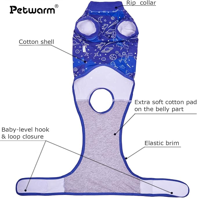 PetWarm Dog Surgical Recovery Suit Female, Onesie for Dogs After Surgery, Professional Dog Recovery Shirt Abdominal Wounds Bandages Anti-Licking Surgical Suit for Dogs Male, Cosmic Pattern, Blue, S