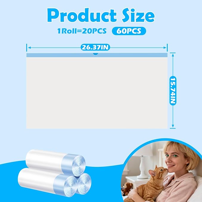 Cat Litter Bags 60 Count, 26.37"X15.74",Tear-Resistant Litter Box Liners,Automotic Litter Box Waste Bags,Thick Heavy Duty Drawstring Replacement Cat Box Liners Kitty Liter Bags for Cat Poop
