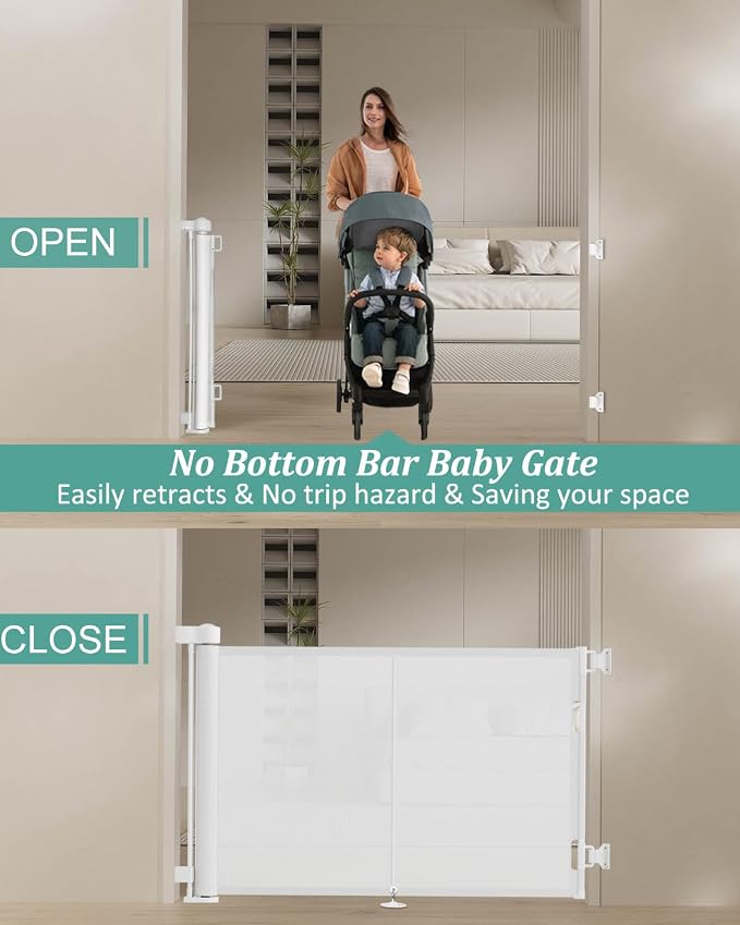 Miumoon 59 inch Retractable Baby Gates 34 inch Tall, Retractable Gate with Reinforced Strip Design to Prevent Crawling Through, 5 FT Retractable Dog Gate for Stairs, Doorways, Hallways, Indoor/Outdoor