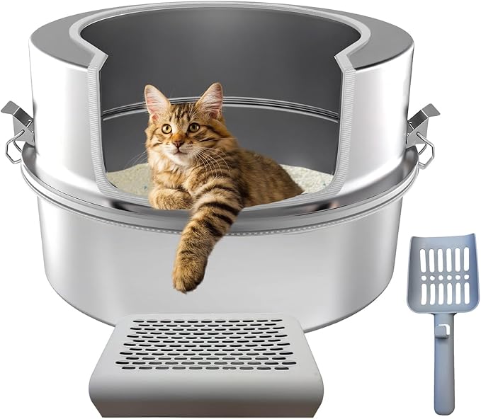High Sided Low Entry Stainless Steel Round Cat Litter Box, Large Corner Litter Box for Big/Multi Cats,Metal Litter Box Includes Scoop & Filter Pedal,Odor Control，Easy to Clean