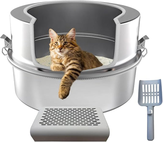 High Sided Low Entry Stainless Steel Round Cat Litter Box, Large Corner Litter Box for Big/Multi Cats,Metal Litter Box Includes Scoop & Filter Pedal,Odor Control，Easy to Clean