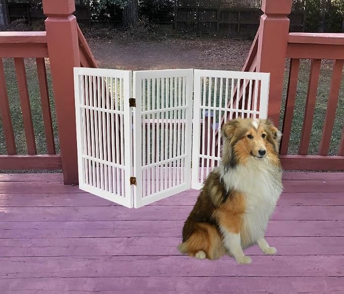 Urnporium Pet Dog Gate Freestanding, Strong Durable Folding Wooden Fence, Portable Acacia Hardwood Safety Barrier for Indoor & Outdoor Use (White Pet Gate, 3 Panel 30" Tall)