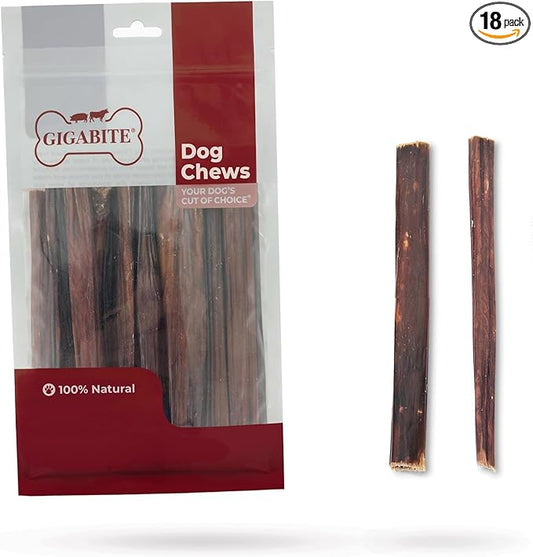 GigaBite Beef Esophagus Dog Treats - Natural Gullet Sticks for Dogs, High Protein Single Ingredient Dog Chews, Rawhide Free Dental Dog Treats for All Dog Breeds - Sticks (6 Inch), Pack of 18