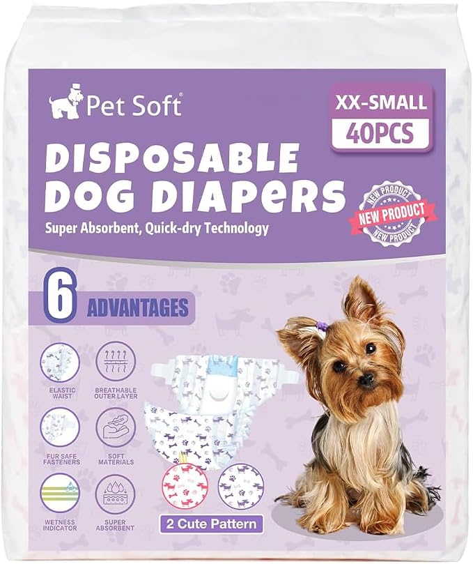 Pet Soft Female Dog Diapers - Disposable Doggie Diapers with Wetness Indicator, Puppy & Cat Diaper Super Absorbent, Fit for Female Dog in Heat or Incontinence, 40pcs (XXS, Mixed)
