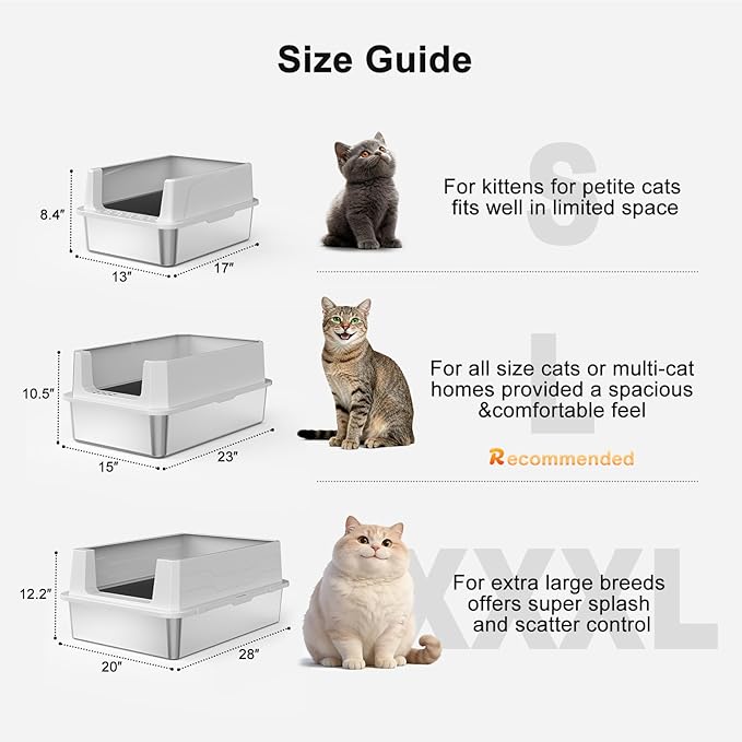 FURTIME Stainless Steel Cat Litter Box, Easy-Clean High-Sided Metal Litter Box, Open-Top Litter Pan for Small Cats, Includes Scoop & Mat, Non-Stick, Anti-Leakage, 17"×13"×8.4"