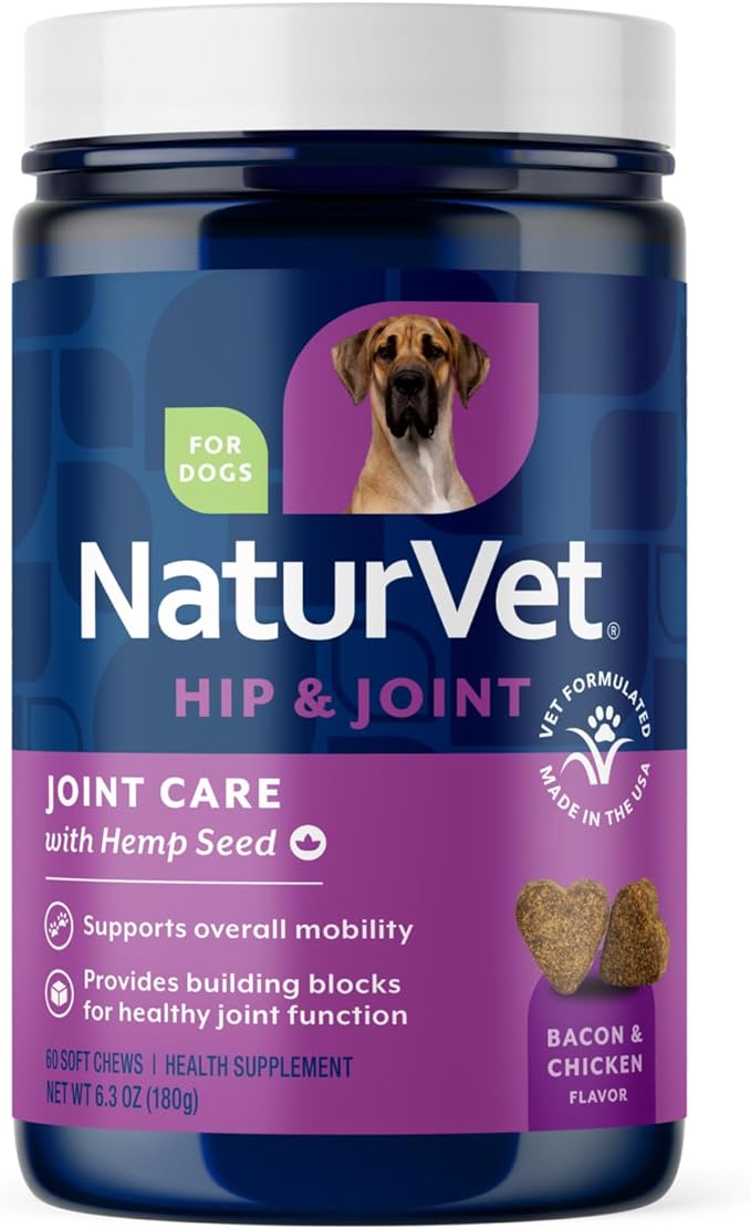NaturVet Hemp Joint Health, Joint Care Support Supplement for Dogs, Soft Chews, 60ct Made in THE USA