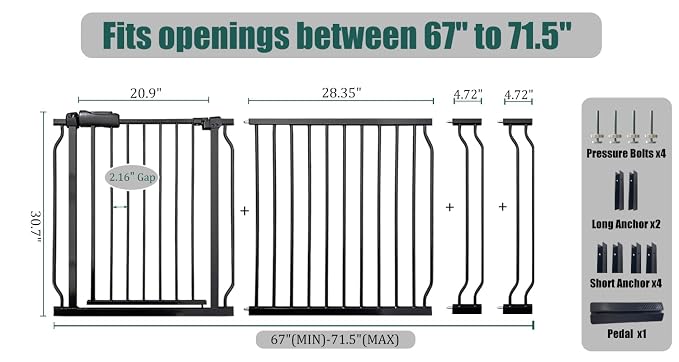 Extra Wide Baby Gate 67-71.5" Dog Gate for Doorways, Pressure Mounted No Drill Safety Gate for Kitchen, Hallways, White/Black Metal Pet Gate for Dogs
