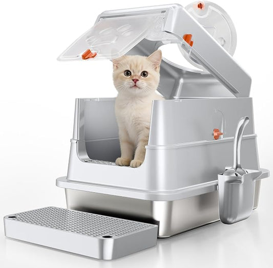 Stainless Steel Cat Litter Box with Lid, Small Enclosed Metal Litter Pan with High Sides, Full Flip Cover Litter Box for Kittens, Include Scoop & Step, Leak Proof Easy Clean Odor Control, Grey